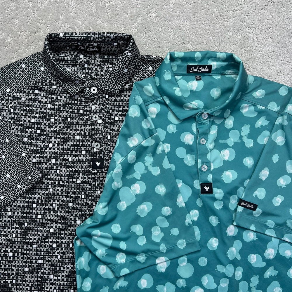 Lot of 2 Bad Birdie Polo Shirts Mens M Teal/Black Short Sleeve Golf Performance